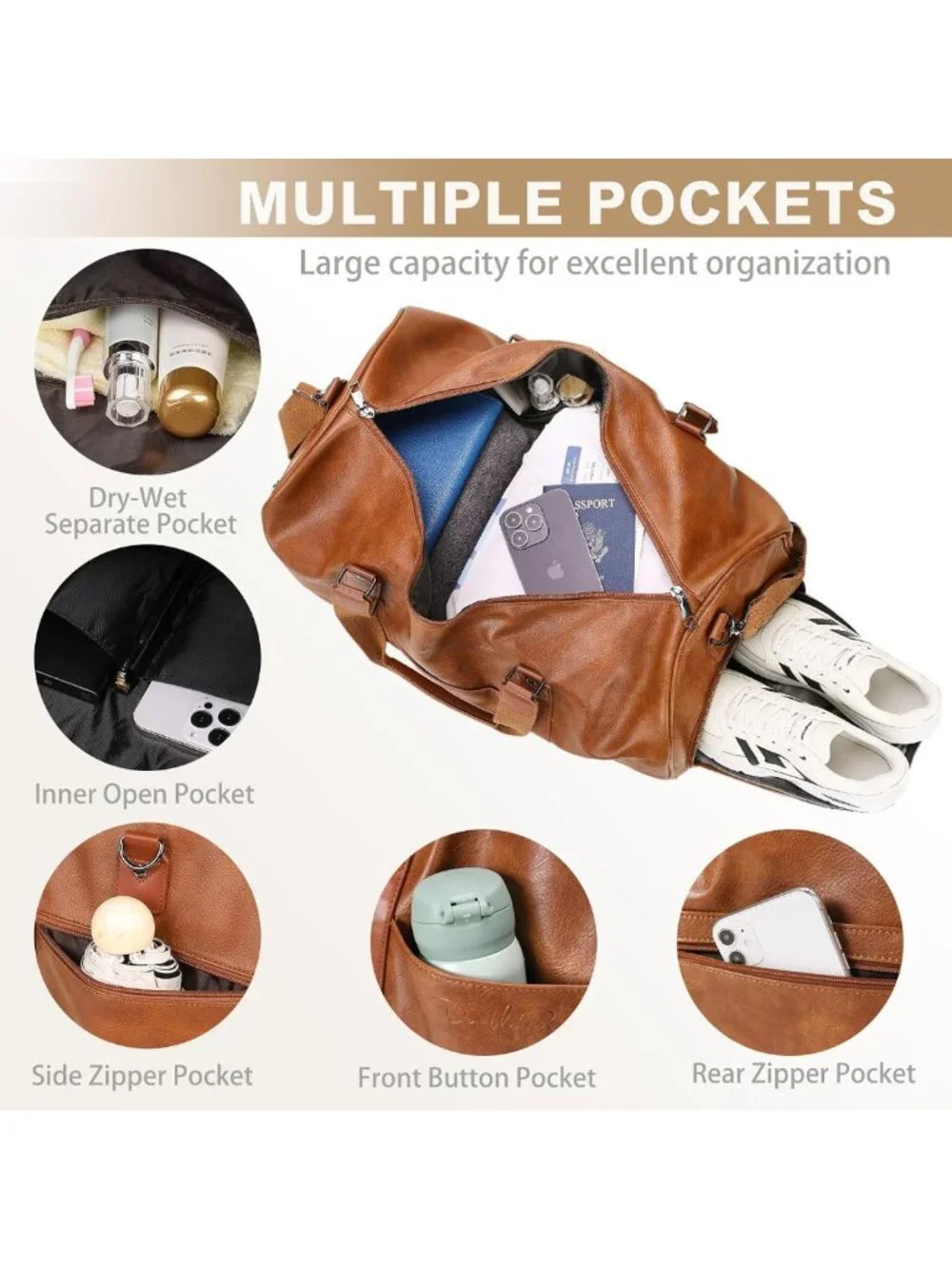 Large 3-in-1 Leather Duffle Bag - Travel Weekender Gym Overnight Carry-On with